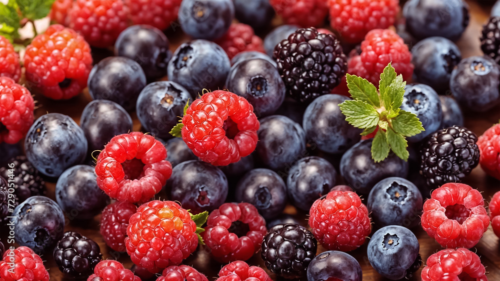 a blue surface. There are multiple raspberries, blueberries, and blackberries, with some leaves still attached. a blue surface. There are multiple raspberries, blueberries, and blackberries, with some leaves still attached.