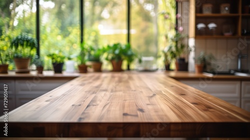 Empty wooden surface graces the kitchen  with verdant plants stealing the spotlight in the foreground.