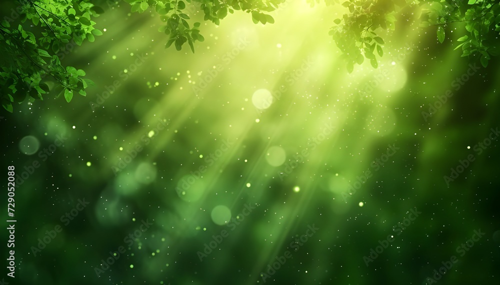 Abstract green background with blur forest and sun rays