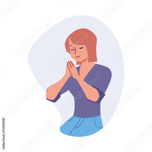 Praying young woman putting palms together, vector Christian religious person praying to God Jesus feeling superstitious