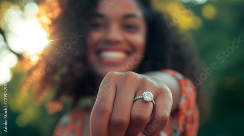 close-up photography capturing a joyful moment of a woman showcasing her engagement ring. The focus is sharply on the dazzling diamond ring perched on her finger photo