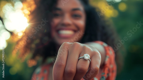 close-up photography capturing a joyful moment of a woman showcasing her engagement ring. The focus is sharply on the dazzling diamond ring perched on her finger photo