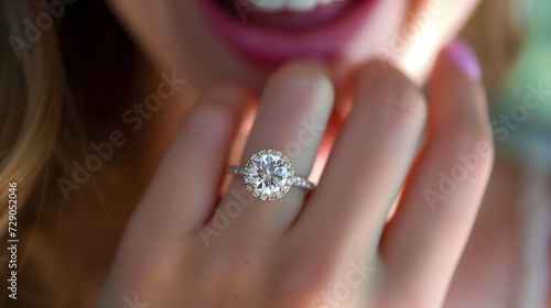 close-up photography capturing a joyful moment of a woman showcasing her engagement ring. The focus is sharply on the dazzling diamond ring perched on her finger