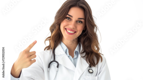 Expert medical professional with a bright and friendly smile, pointing towards a health-related concept