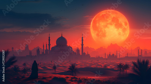 arabic islamic illustration for greeting muslims in ramadan, mosque in desert with big moon,