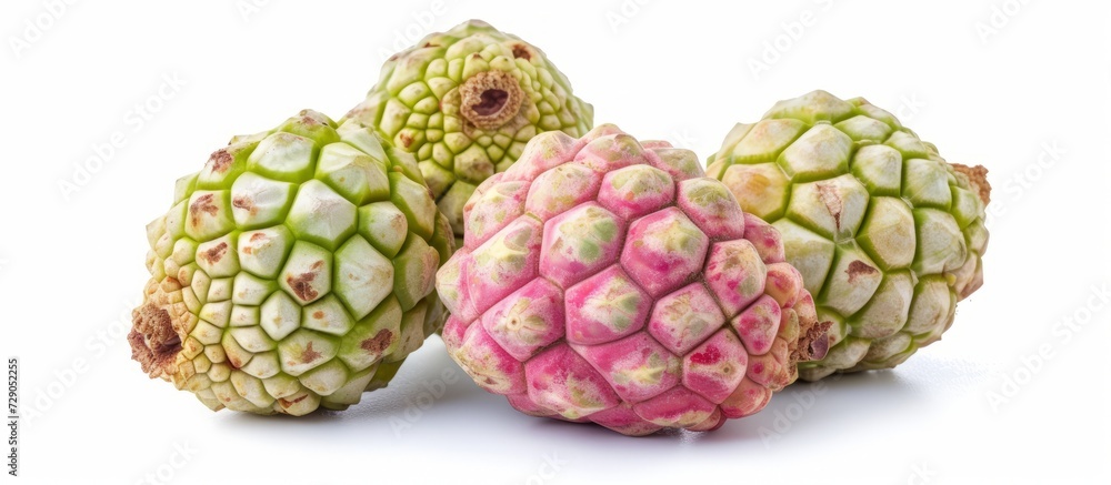 Fresh ripe tropical fruit, like sugar apple or custard apple, on a white background. Fresh ripe tropical fruit, like sugar apple or custard apple, on a white background.