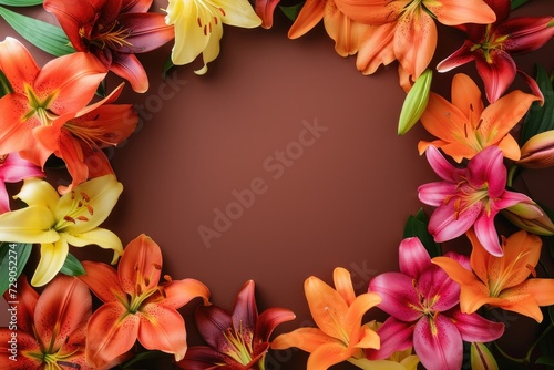 Frame made of lilies on a brown background, with space for text concept Mother Day, Women Day, Valentine day