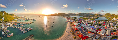 The Caribbean island of St Maarten. St Martin cityscape. Scenic aerial view of the Caribbean. Caribbean Panoramic vacation. 