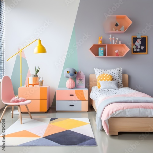  kids' room with a playful mid-century modern vibe. Picture retro-inspired furniture, geometric patterns, and vibrant colors