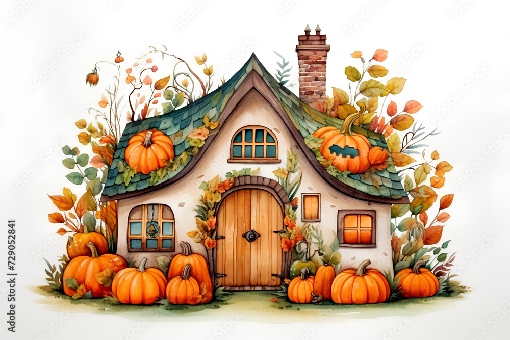 Hand drawn watercolor illustration of a house with pumpkins on white background Hand drawn watercolor illustration of a house with pumpkins on white background