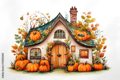 Hand drawn watercolor illustration of a house with pumpkins on white background © hungryai