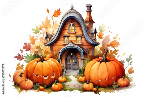 Halloween house with pumpkins and autumn leaves. Watercolor illustration