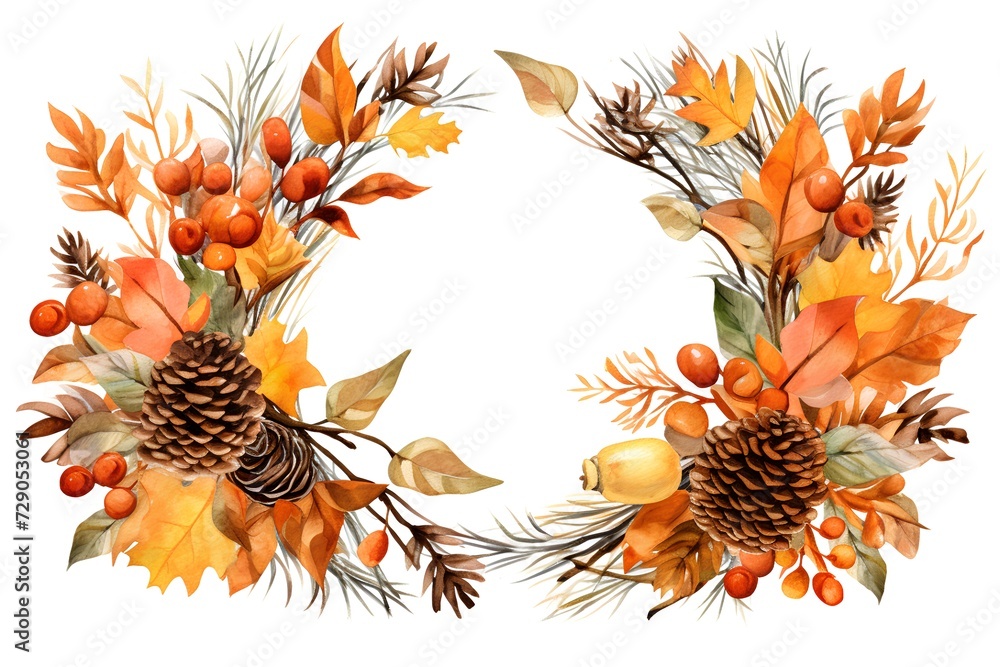Watercolor autumn wreath with leaves, berries and pine cones. Hand painted illustration on white background