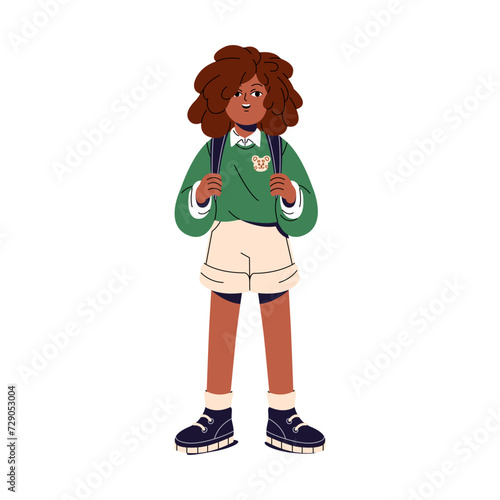 Cute small girl stands with backpack behind back. Happy kid holds hands on straps. Child, student smiles, carries school bag. Elementary education concept. Flat isolated vector illustration on white