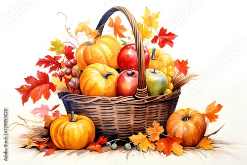 Basket with pumpkins  apples and autumn leaves on white background