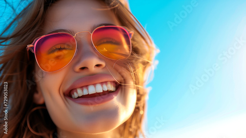 Happy and carefree image of a model in vibrant sunglasses