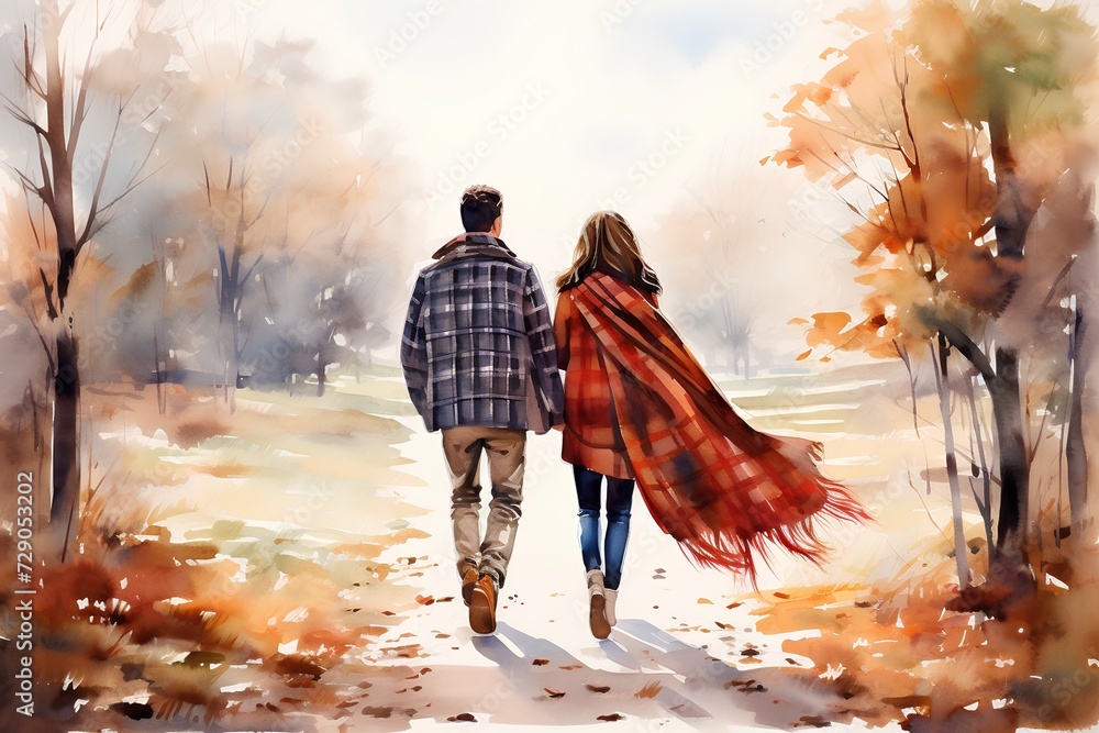 Young couple walking in autumn park. Digital watercolor painting illustration.
