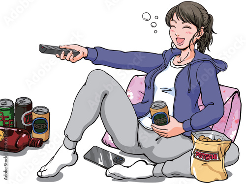 クッションにもたれ一人晩酌_帰宅後リラックスする若い女性