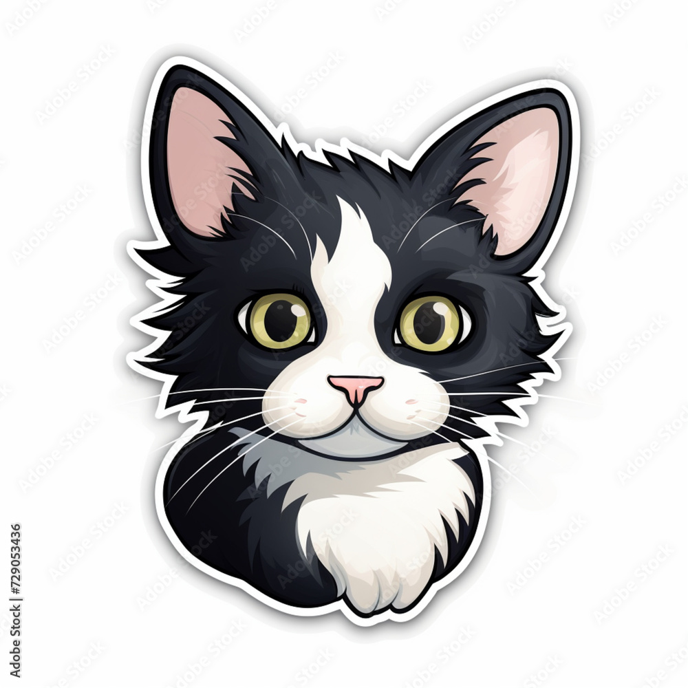sticker illustration of a black and white cat flat icon sara faber style white border