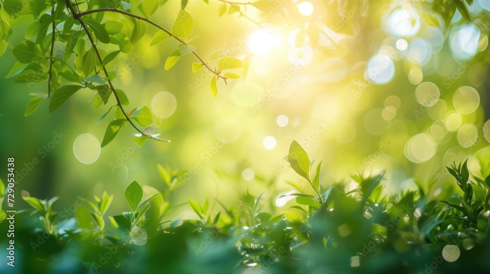 Obraz premium Defocused green trees in forest or park with wild grass and sun beams. Beautiful summer spring natural background.