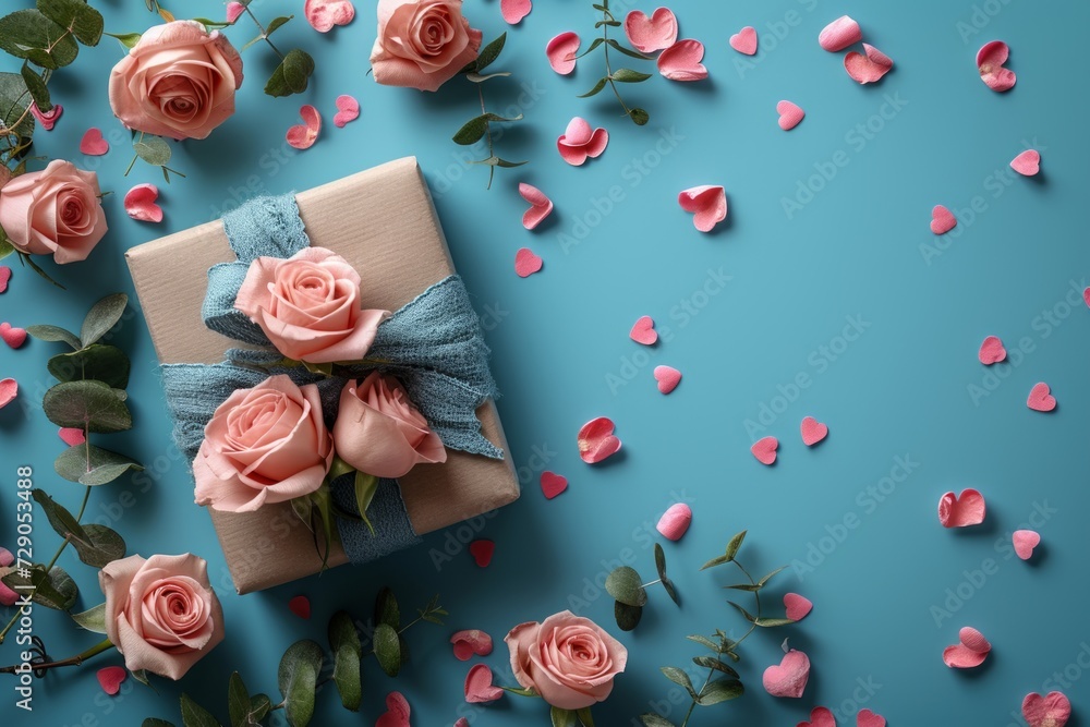 Wrapped gift with denim-blue textile ribbon amidst pink roses on a pastel blue background.