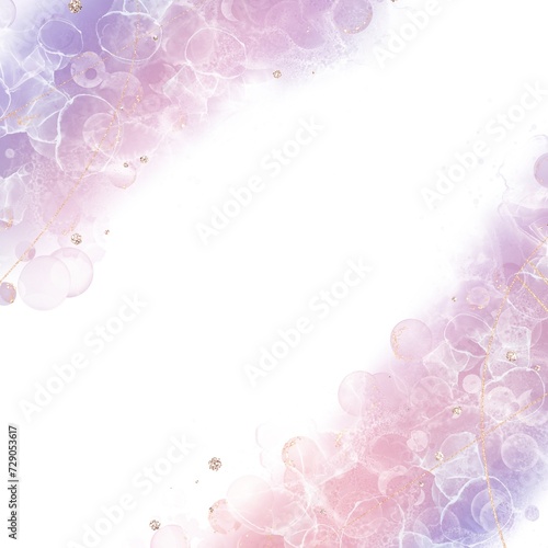 アルコールインクアート抽象正方形バナー）ピンクと紫のグラデーション背景に泡と金色グリッター © Queso