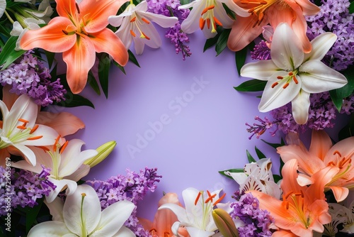 Frame made of lilies on a purple background, with space for text concept Mother Day, Women Day, Valentine day