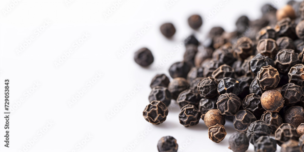 The Close-up Photo of Black Peppercorns with a Focus on Their Textured Surfaces, Scattered Across a White Background. This Photo Could be Used to Showcase Spices in Culinary Articles, etc. The Close-up Photo of Black Peppercorns with a Focus on Their Textured Surfaces, Scattered Across a White Background. This Photo Could be Used to Showcase Spices in Culinary Articles, etc.