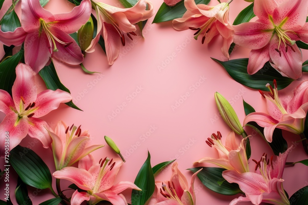 Frame made of lilies on a pink background, with space for text concept Mother Day, Women Day, Valentine day