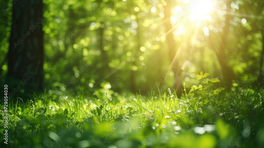 Defocused green trees in forest or park with wild grass and sun beams. Beautiful summer spring natural background. Defocused green trees in forest or park with wild grass and sun beams. Beautiful summer spring natural background.