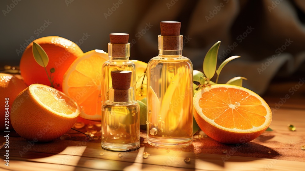 Bottles of essential oil sit alongside citrus fruits atop the table. Bottles of essential oil sit alongside citrus fruits atop the table.