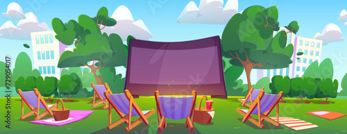 Open air cinema in summer city park. Vector cartoon illustration of outdoor relax area in public garden with movie screen, chaise lounges, picnic baskets on lawn, modern cityscape with skyscrapers