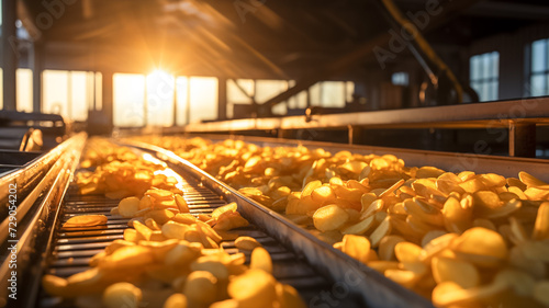 Lots of chips prepared on a conveyor at a food factory. Line for the production and packaging of potato chips. 
