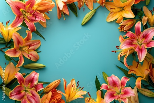 Frame made of lilies on a teal background, with space for text concept Mother Day, Women Day, Valentine day © MrHamster