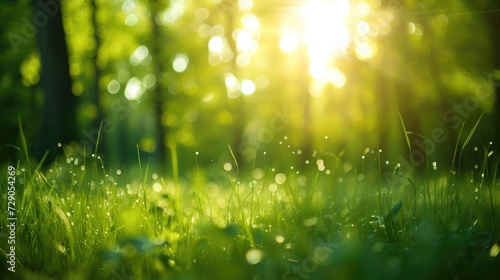 Defocused green trees in forest or park with wild grass and sun beams. Beautiful summer spring natural background.