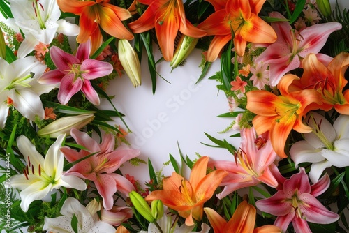 Frame made of lilies on a white background, with space for text concept Mother Day, Women Day, Valentine day © MrHamster