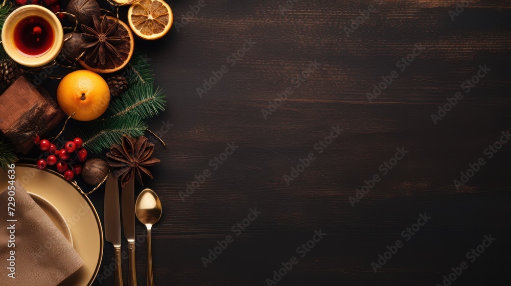 Rustic Christmas table setting adorned with oranges and aromatic spices on a dark wooden backdrop. Top view with room for text.