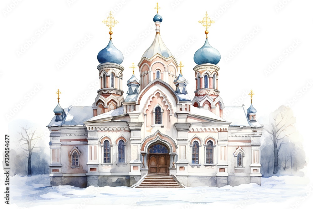 Watercolor orthodox church in winter. Illustration on white background.