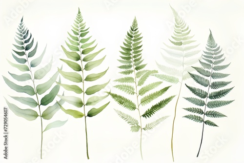 Watercolor set of fern leaves isolated on white background. Hand drawn illustration.