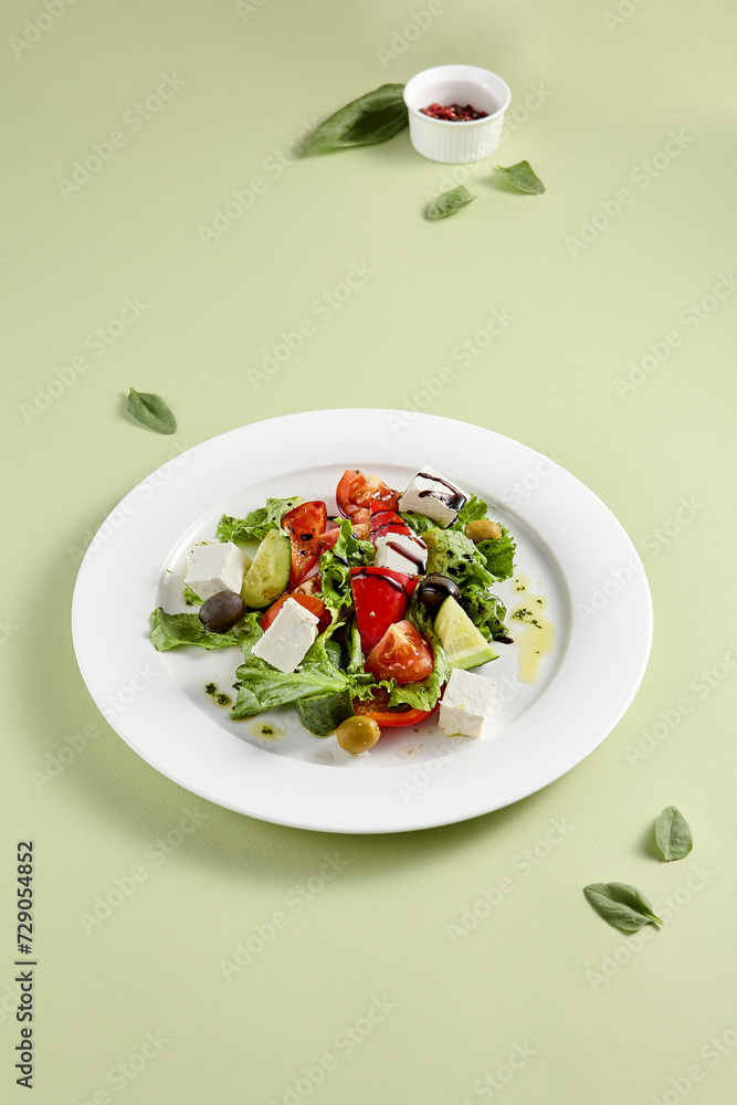 Classic Greek Salad with Feta Cheese and Fresh Vegetables on White Plate Classic Greek Salad with Feta Cheese and Fresh Vegetables on White Plate