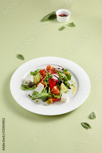 Classic Greek Salad with Feta Cheese and Fresh Vegetables on White Plate