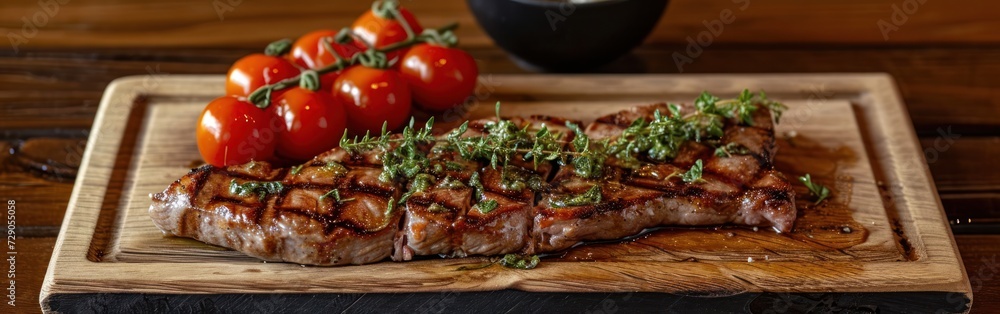 Grilled beef steak with herbs and cherry tomatoes on wooden board. Banner.