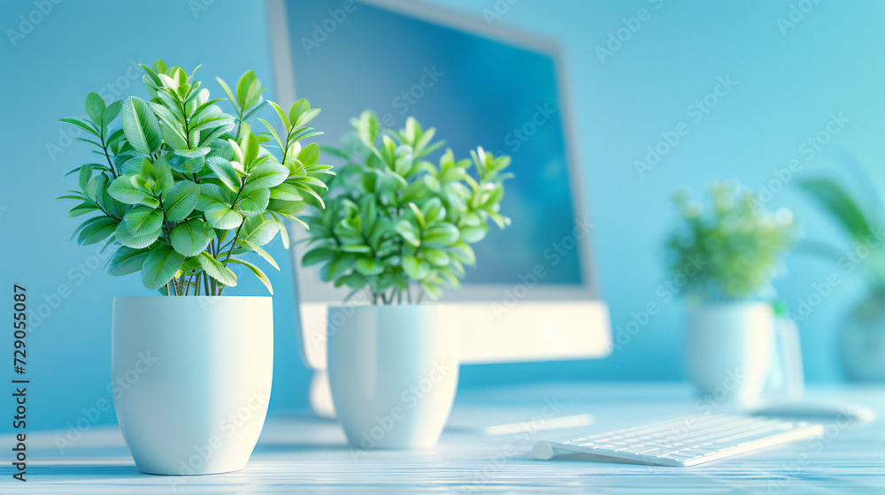 Modern Office Desk with Laptop and Green Plant, Minimalist Workspace Design, Technology and Lifestyle