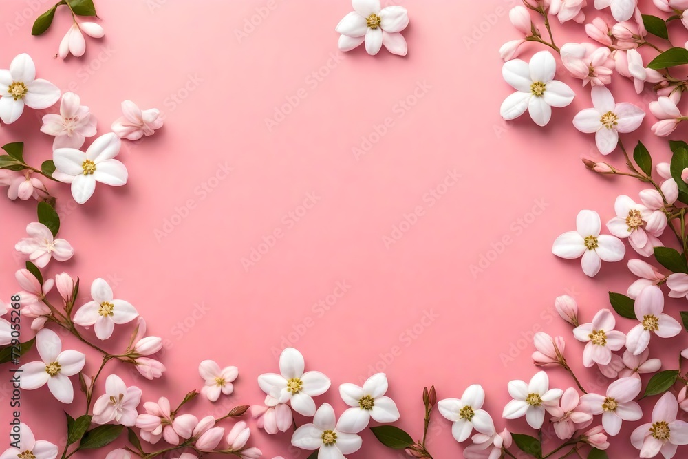  pink background with text copy space in middle with small white branch of the flower at the one side of the corner backgroun view  