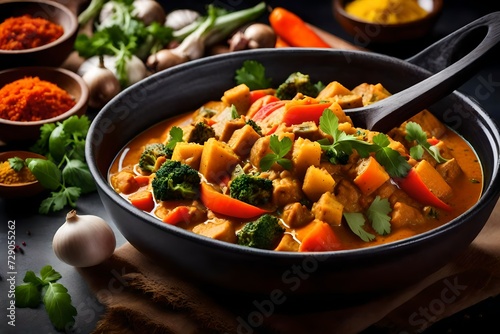 A close-up of a bowl of colorful vegetable curry with delicious spices.