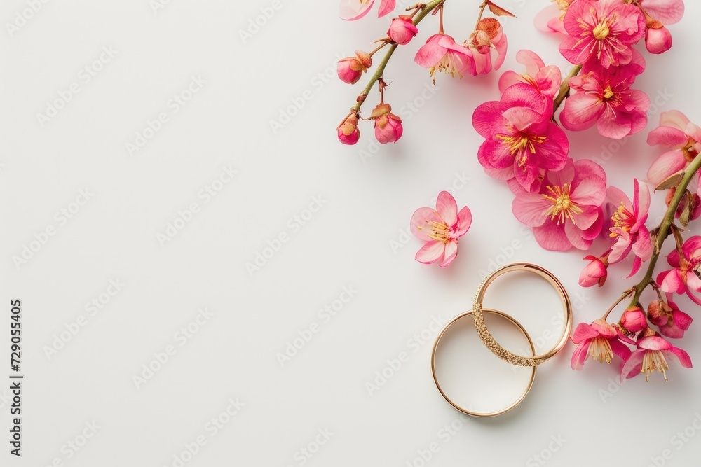 Gold wedding ring symbolic commitment of marriage with pink flowers on white background Gold wedding ring symbolic commitment of marriage with pink flowers on white background