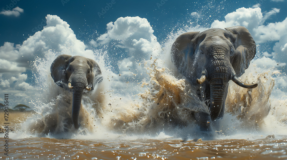 elephant in water - obrazy, fototapety, plakaty 