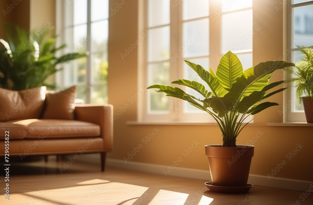 The living room has light walls and wooden floors, including large green plants in the center of the room. The photo is of high quality. Made with the help of artificial intelligence.