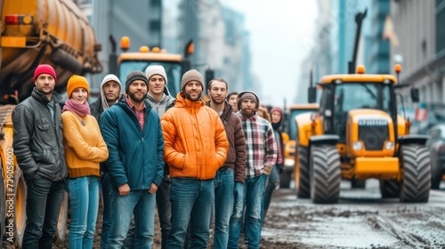 Cheerful male workers standing by tractor at factory