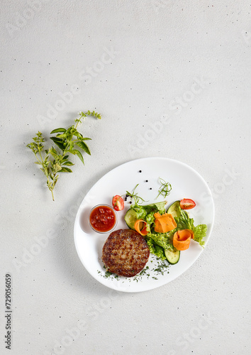 Grilled beef steak with a side of vegetable salad, ideal for a balanced meal, presented on a white background with copy space